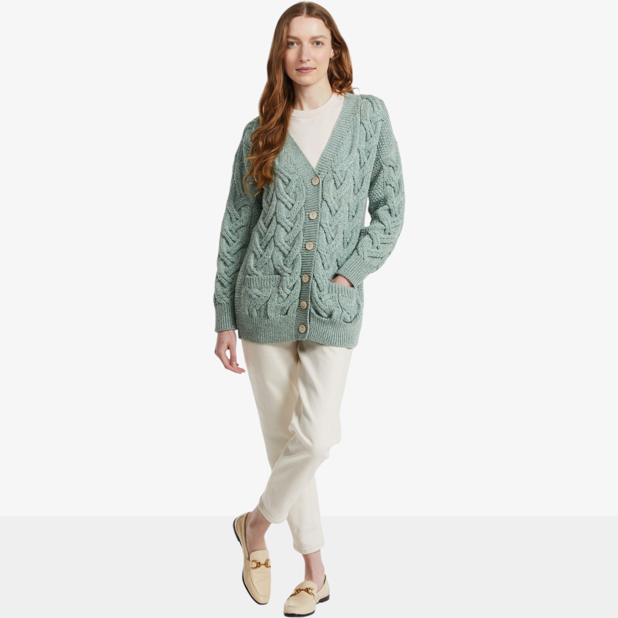 Aran Woolen Mills Chunky V-Neck Cable Cardigan - TSC.ca