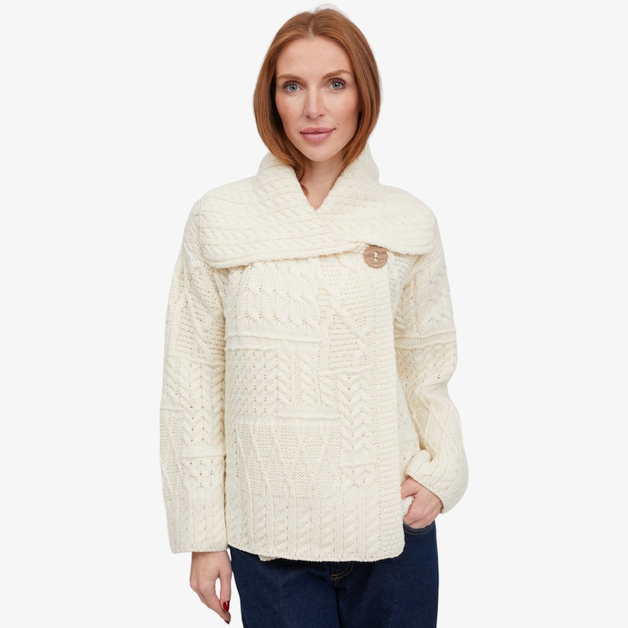 Image 134704_WHT.jpg, Product 134-704 / Price $160.00, Aran Woollen Mills Patchwork One-Button Cardigan from Aran Woollen Mills on TSC.ca's Fashion department