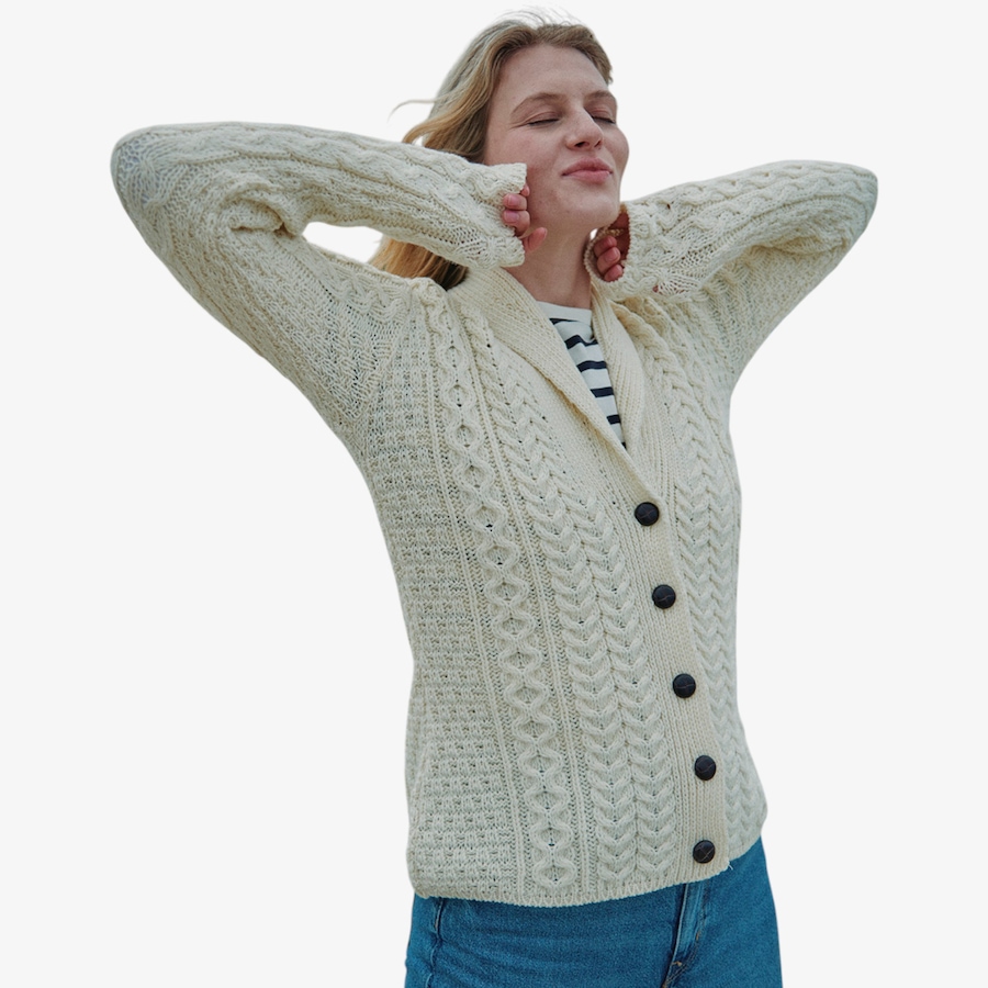 Image 134705_ALTMORE2.jpg, Product 134-705 / Price $160.00, Aran Woollen Mills Shawl Collar Aran Cardigan from Aran Woollen Mills on TSC.ca's Fashion department