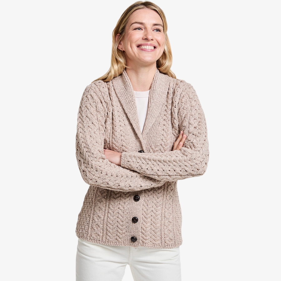 Image 134705_WCKR.jpg, Product 134-705 / Price $160.00, Aran Woollen Mills Shawl Collar Aran Cardigan from Aran Woollen Mills on TSC.ca's Fashion department