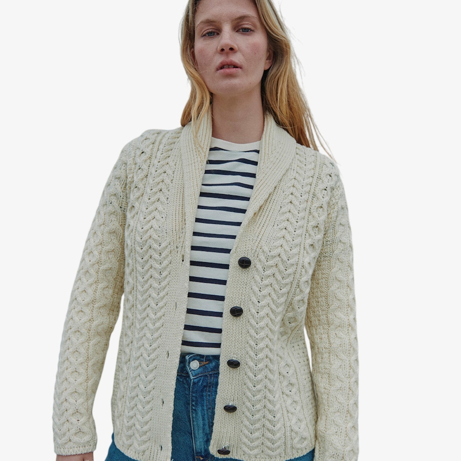 Image 134705_WHT.jpg, Product 134-705 / Price $160.00, Aran Woollen Mills Shawl Collar Aran Cardigan from Aran Woollen Mills on TSC.ca's Fashion department