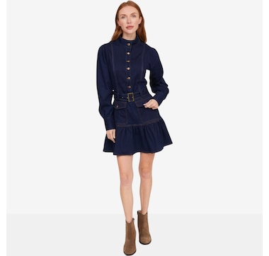 Badgley Mischka Blossom Denim Dress with Flutter Hem