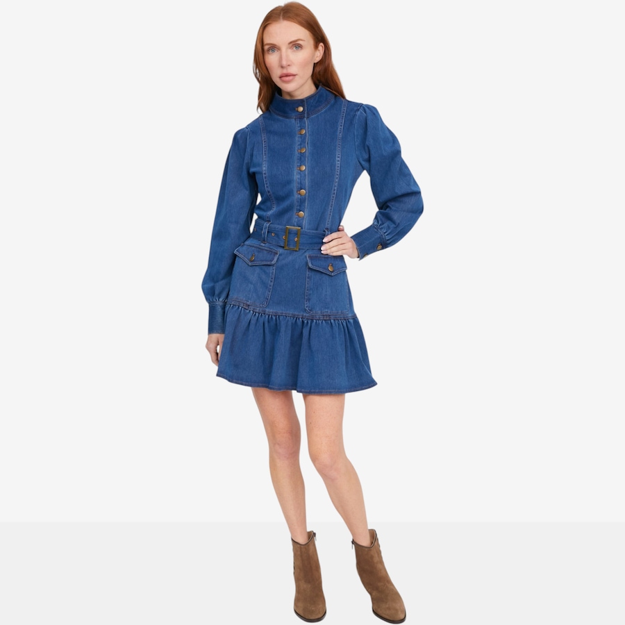 Image 136161_LTB.jpg, Product 136-161 / Price $120.00, Badgley Mischka Blossom Denim Dress with Flutter Hem from Badgley Mischka on TSC.ca's Fashion department