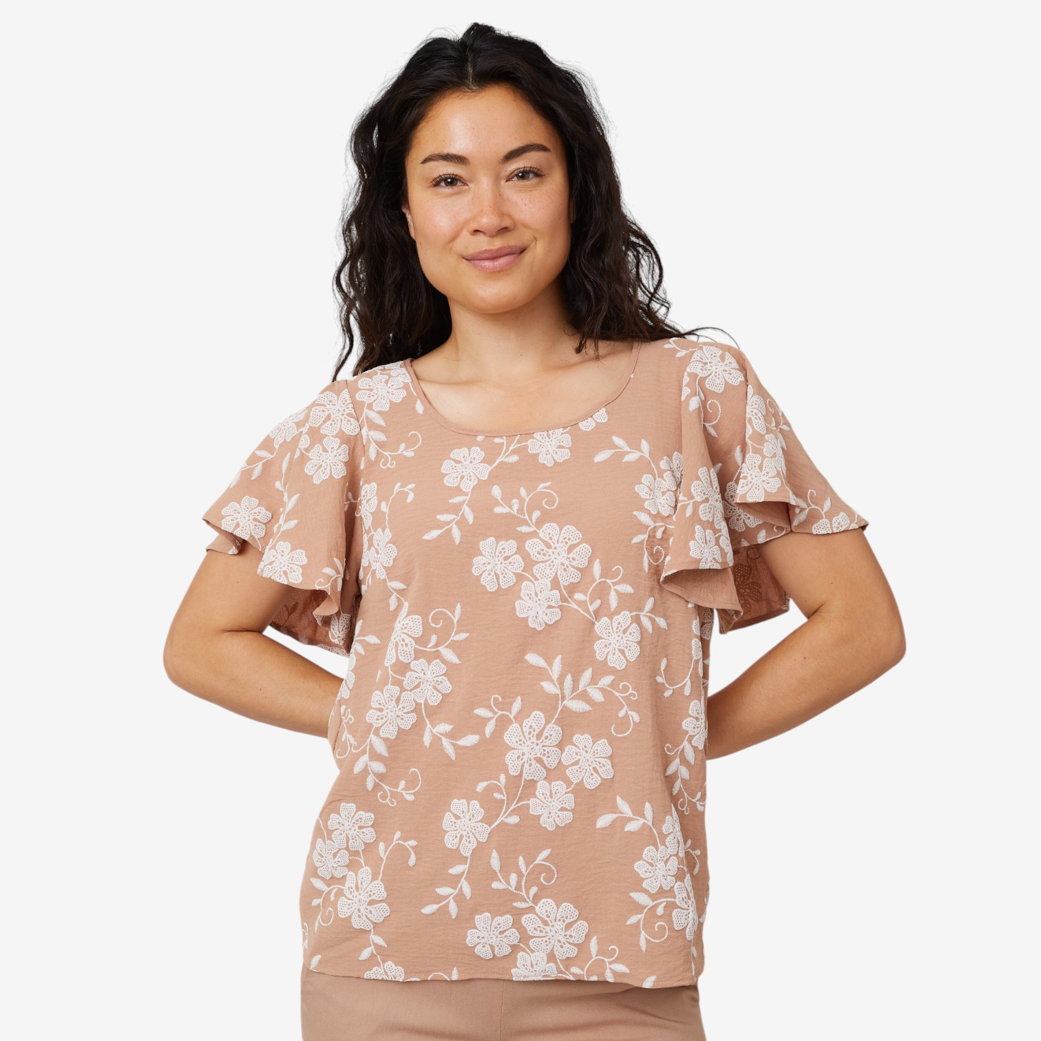 Nina Leonard Puff Print Linen Flutter Sleeve Top - TSC.ca