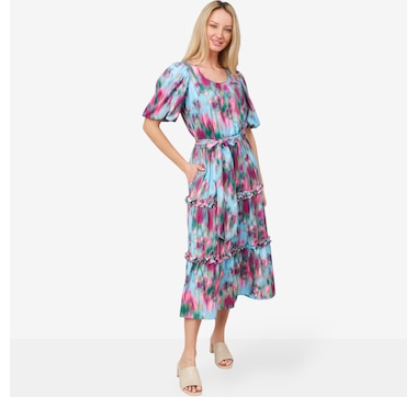 Badgley Mischka Macie Puff Sleeve Midi Dress with Square Neckline