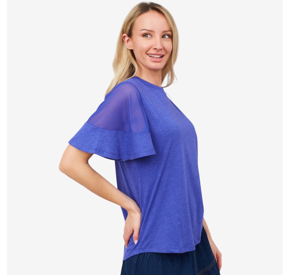 Image 206022_BLUVT.jpg, Product 206-022 / Price $21.33, Diane Gilman Sheer Flutter Sleeve Tee from DG2 by Diane Gilman on TSC.ca's Fashion department
