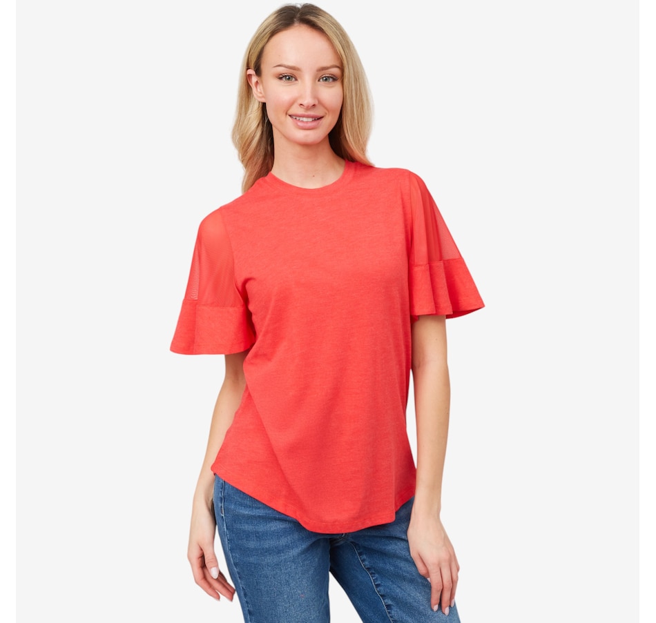 Image 206022_RED.jpg, Product 206-022 / Price $21.33, Diane Gilman Sheer Flutter Sleeve Tee from DG2 by Diane Gilman on TSC.ca's Fashion department