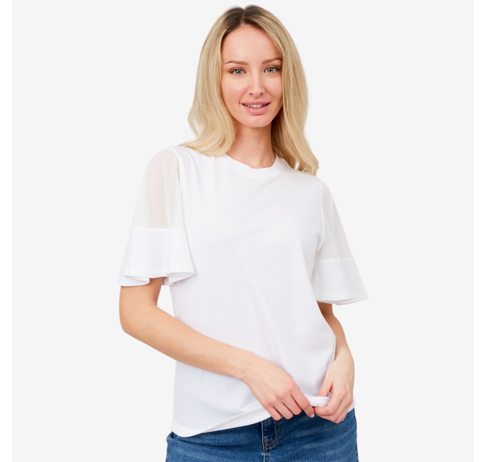 Image 206022_WHT.jpg, Product 206-022 / Price $21.33, Diane Gilman Sheer Flutter Sleeve Tee from DG2 by Diane Gilman on TSC.ca's Fashion department