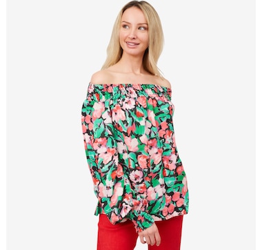 Diane Gilman Printed Smocked Off The Shoulder Top