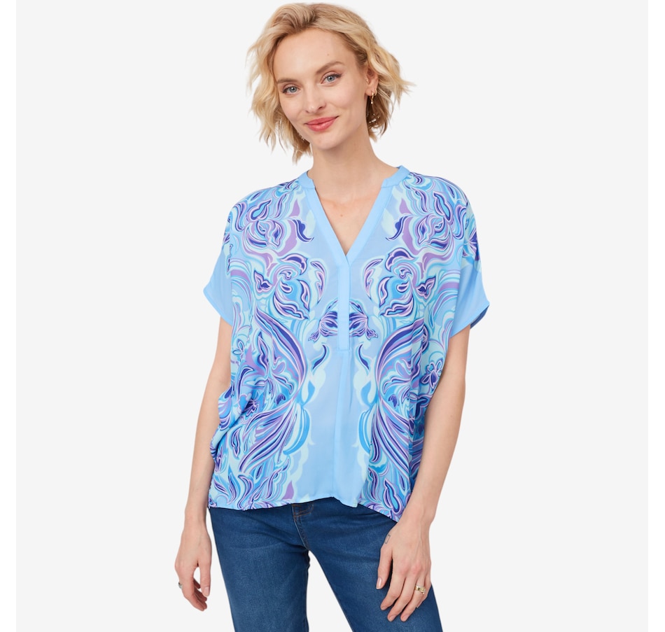 Image 206032_BLBEL.jpg, Product 206-032 / Price $34.33, Diane Gilman Placement Print V-Neck Tunic Blouse from DG2 by Diane Gilman on TSC.ca's Fashion department