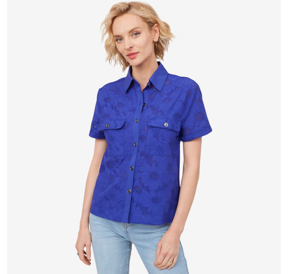 Image 206033_BLUVT.jpg, Product 206-033 / Price $39.33, Diane Gilman Short Sleeve Button Front Eyelet Top from DG2 by Diane Gilman on TSC.ca's Fashion department