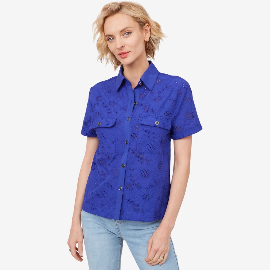 Image 206033_BLUVT.jpg, Product 206-033 / Price $39.33, Diane Gilman Short Sleeve Button Front Eyelet Top from DG2 by Diane Gilman on TSC.ca's Fashion department