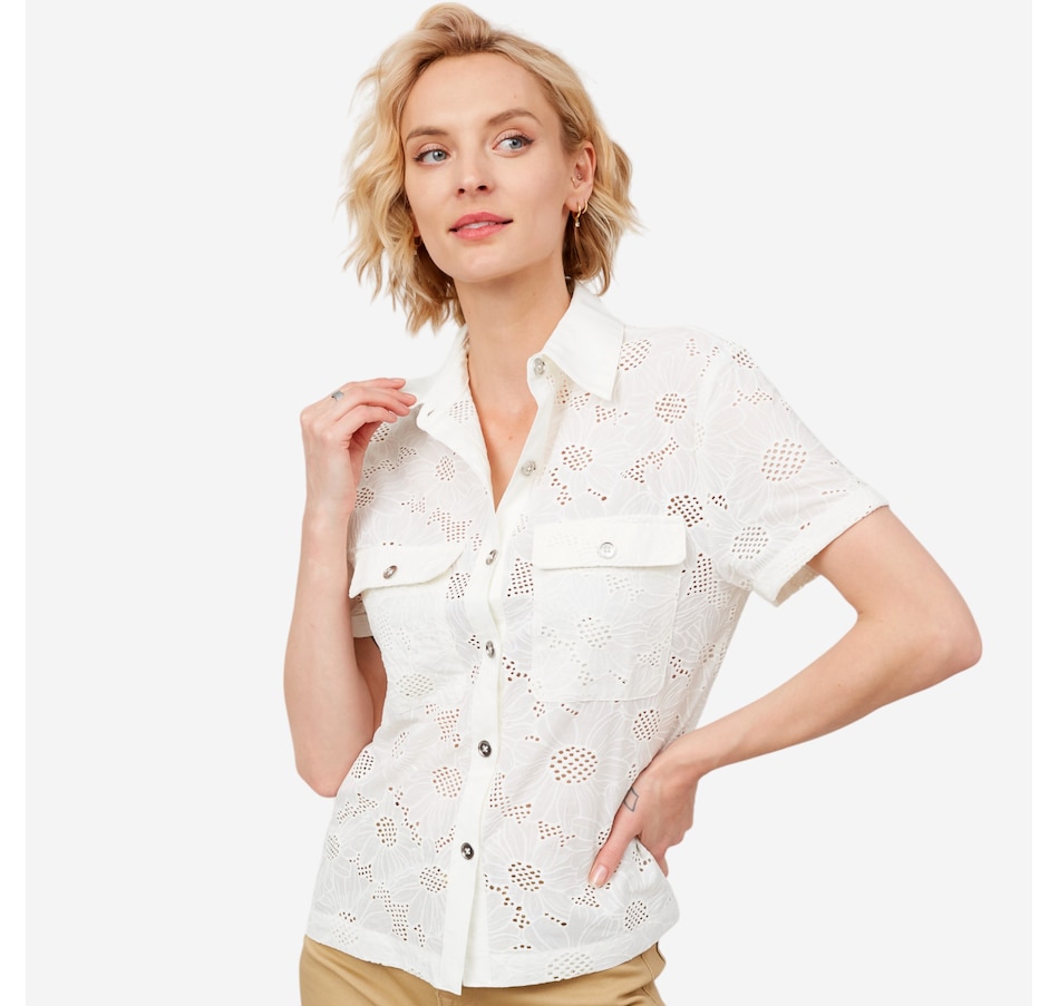 Image 206033_IVR.jpg, Product 206-033 / Price $39.33, Diane Gilman Short Sleeve Button Front Eyelet Top from DG2 by Diane Gilman on TSC.ca's Fashion department