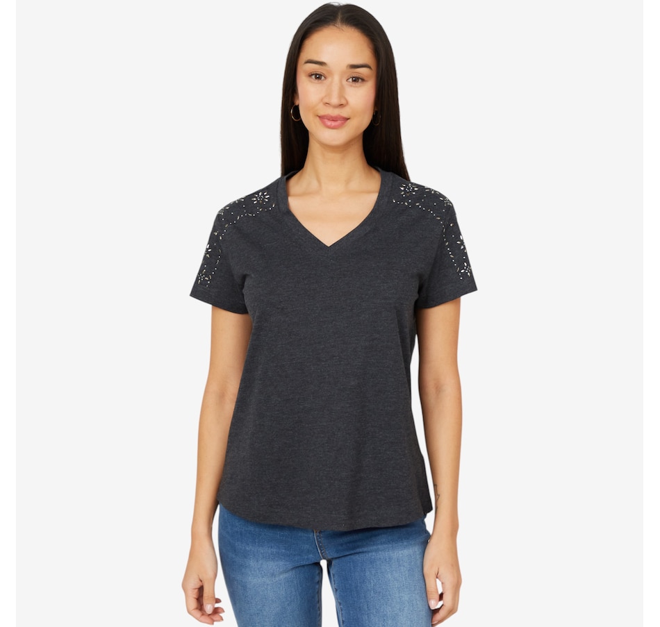 Image 206335_BLK.jpg, Product 206-335 / Price $34.33, Diane Gilman V-Neck Embellished Short Sleeve Tee from DG2 by Diane Gilman on TSC.ca's Fashion department