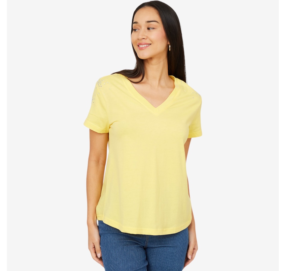 Image 206335_DAI.jpg, Product 206-335 / Price $34.33, Diane Gilman V-Neck Embellished Short Sleeve Tee from DG2 by Diane Gilman on TSC.ca's Fashion department