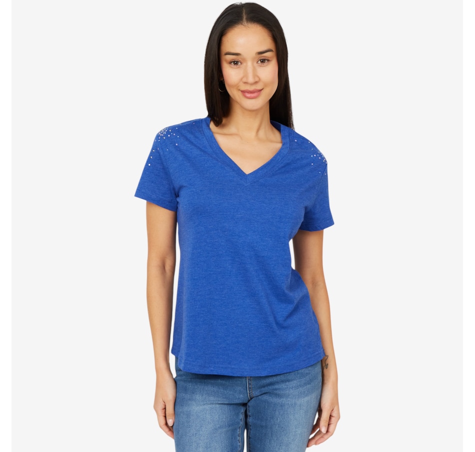 Image 206335_NCBL.jpg, Product 206-335 / Price $34.33, Diane Gilman V-Neck Embellished Short Sleeve Tee from DG2 by Diane Gilman on TSC.ca's Fashion department