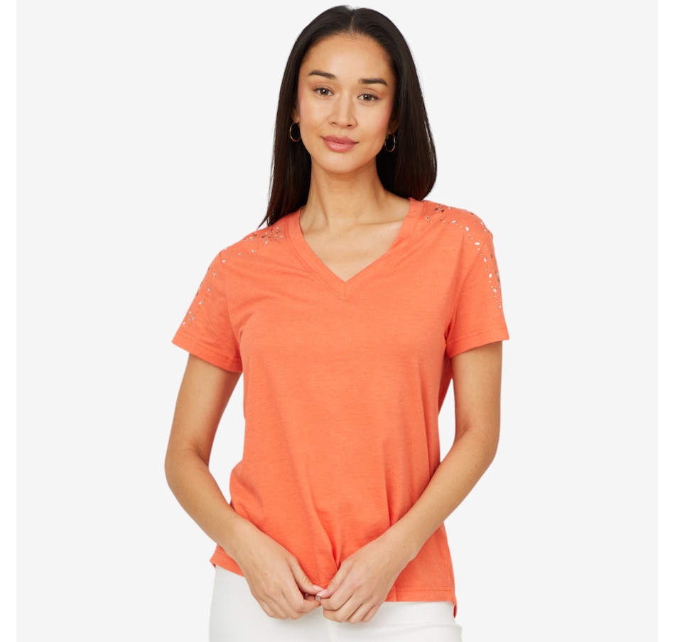 Image 206335_TSU.jpg, Product 206-335 / Price $34.33, Diane Gilman V-Neck Embellished Short Sleeve Tee from DG2 by Diane Gilman on TSC.ca's Fashion department