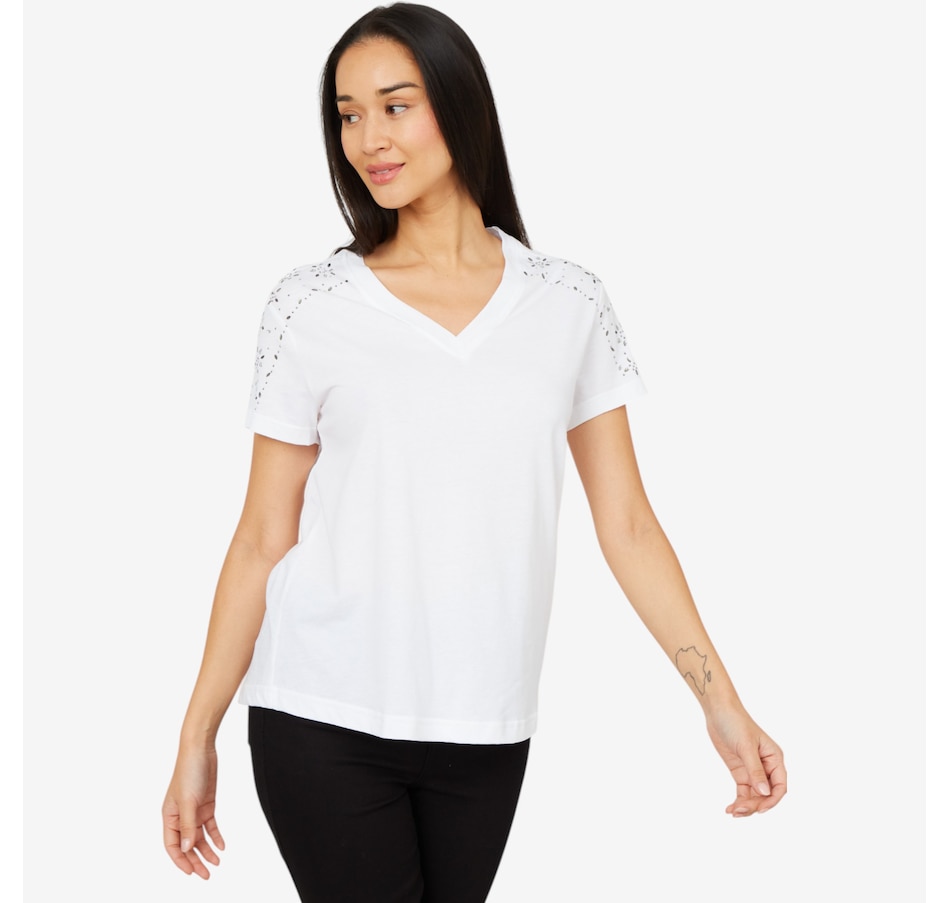 Image 206335_WHT.jpg, Product 206-335 / Price $34.33, Diane Gilman V-Neck Embellished Short Sleeve Tee from DG2 by Diane Gilman on TSC.ca's Fashion department