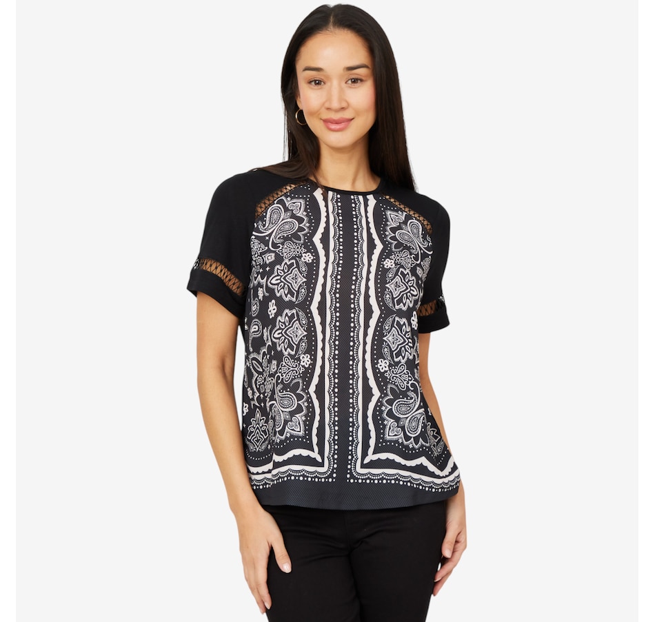 Image 206336_BLK.jpg, Product 206-336 / Price $29.33, Diane Gilman Mixed Media Scarf Print Short Sleeve Top from DG2 by Diane Gilman on TSC.ca's Fashion department