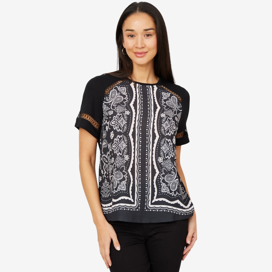 Image 206336_BLK.jpg, Product 206-336 / Price $29.33, Diane Gilman Mixed Media Scarf Print Short Sleeve Top from DG2 by Diane Gilman on TSC.ca's Fashion department