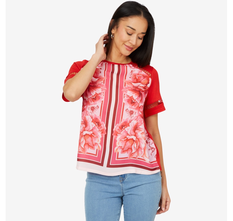 Image 206336_RED.jpg, Product 206-336 / Price $29.33, Diane Gilman Mixed Media Scarf Print Short Sleeve Top from DG2 by Diane Gilman on TSC.ca's Fashion department