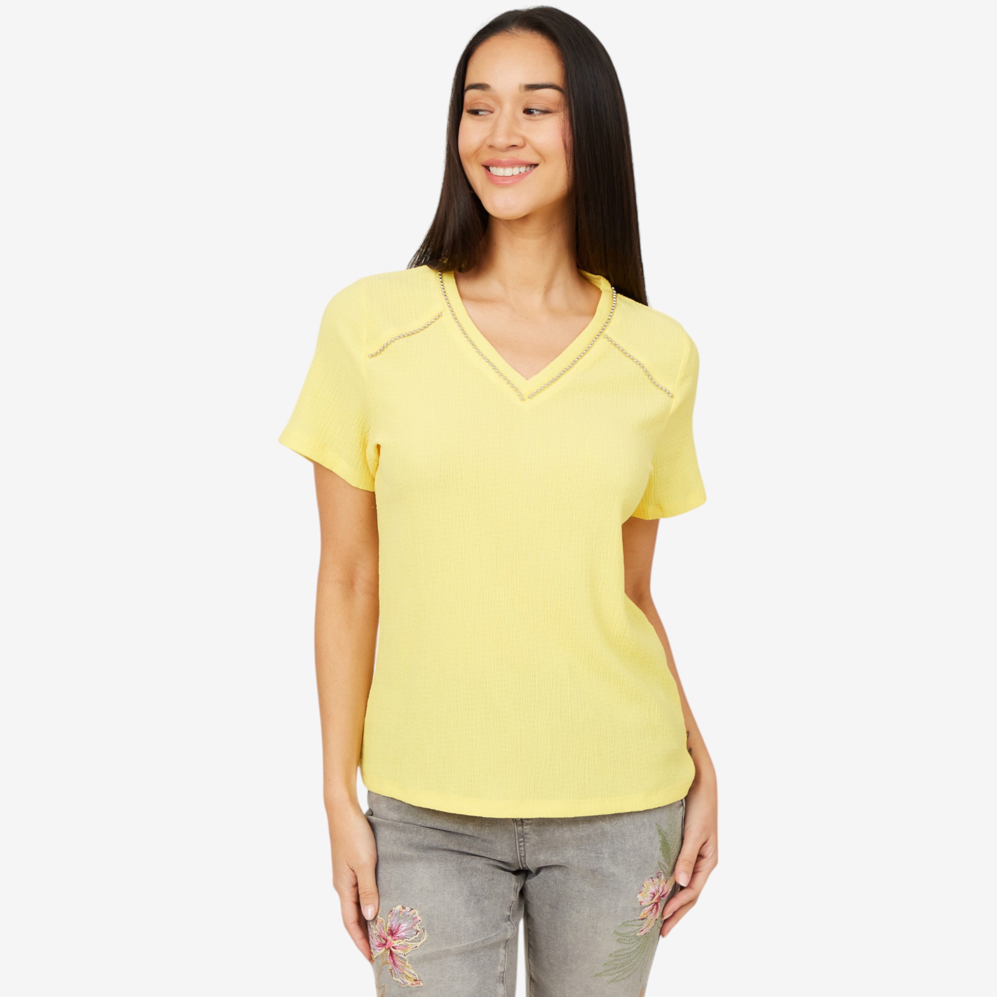 Diane Gilman Studded Trim Knit Plisse Top - TSC.ca