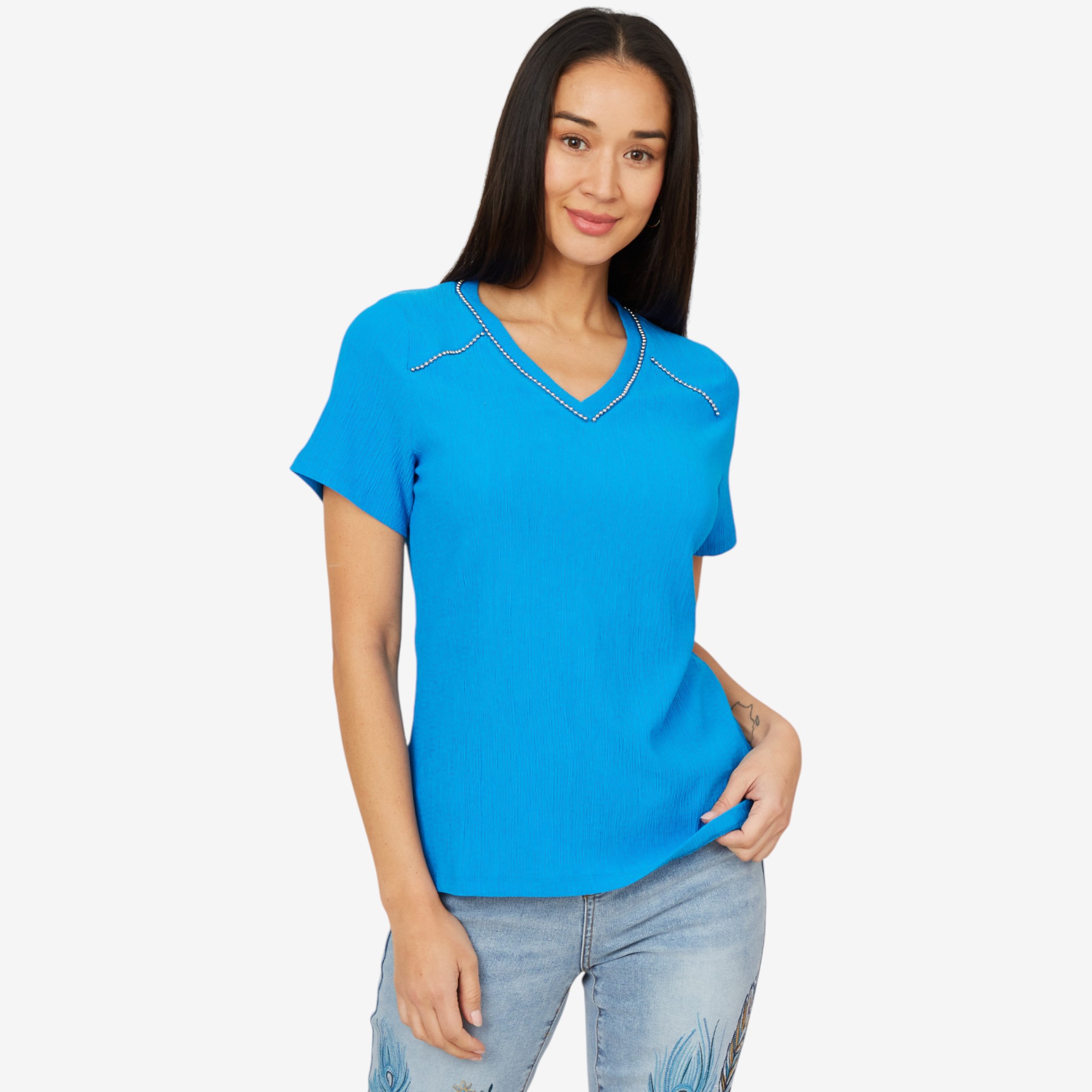 Diane Gilman Studded Trim Knit Plisse Top - TSC.ca