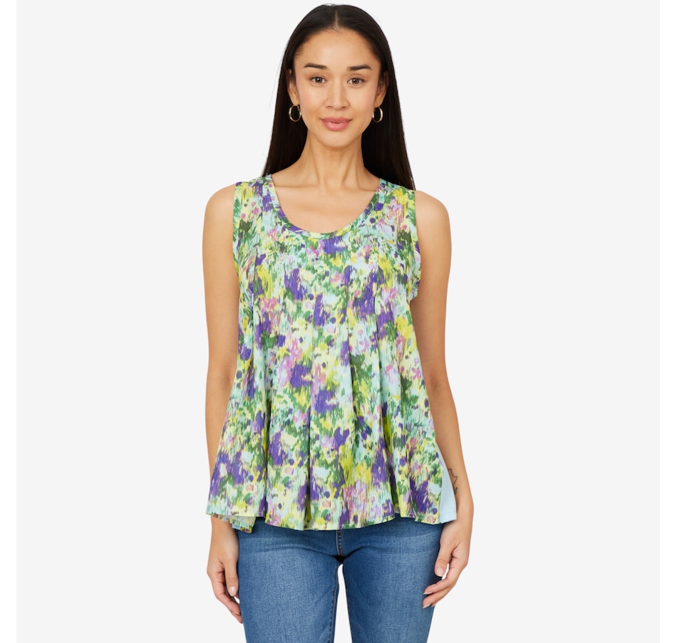 Diane Gilman Mix Media Pleated Front High-Low Printed Tank