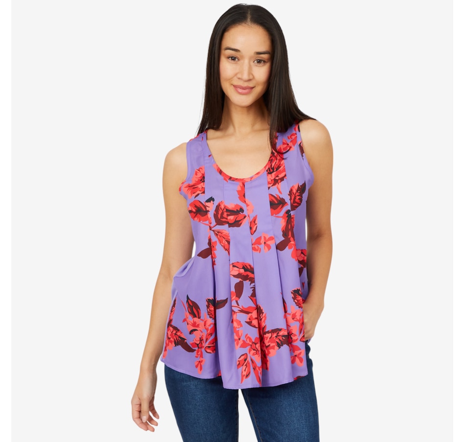 Image 206346_VIO.jpg, Product 206-346 / Price $24.33, Diane Gilman Mix Media Pleated Front High-Low Printed Tank from DG2 by Diane Gilman on TSC.ca's Fashion department