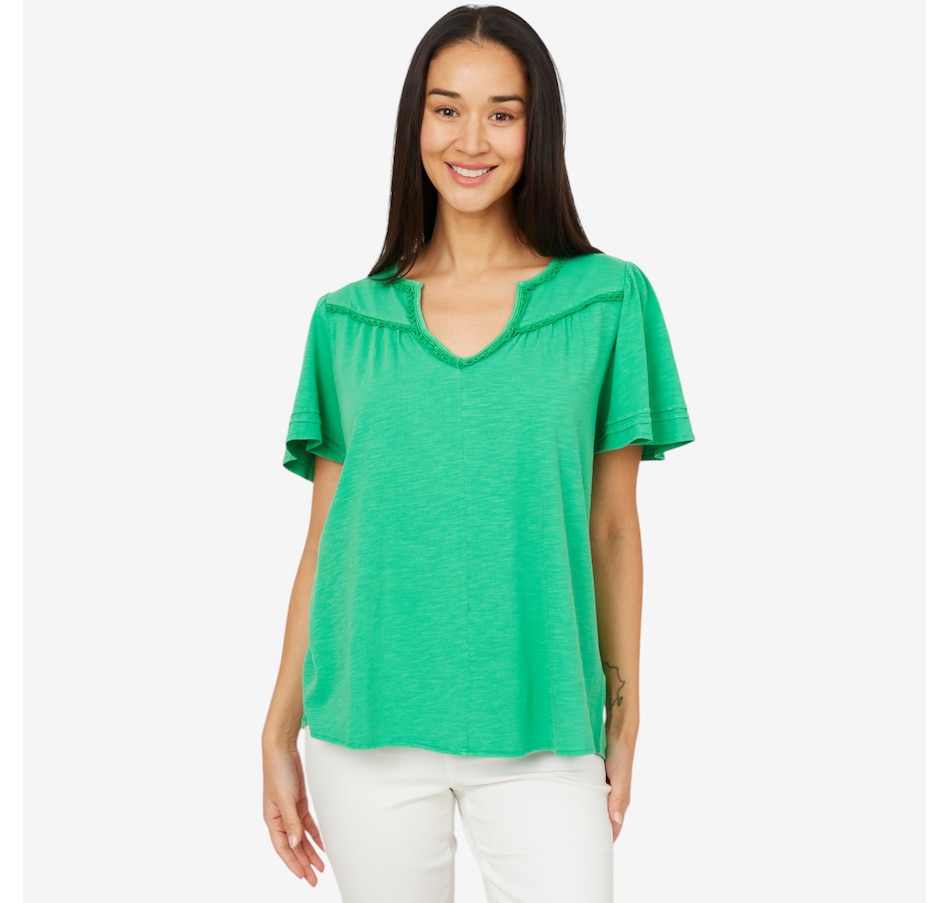 Image 206348_FER.jpg, Product 206-348 / Price $29.33, Diane Gilman Garment Dyed Top with Ruched Trim and Flutter Sleeves from DG2 by Diane Gilman on TSC.ca's Fashion department