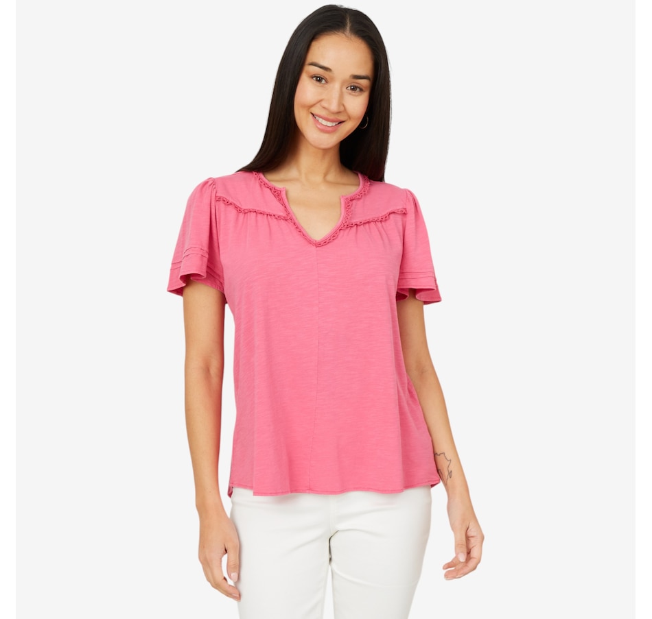 Image 206348_HPI.jpg, Product 206-348 / Price $29.33, Diane Gilman Garment Dyed Top with Ruched Trim and Flutter Sleeves from DG2 by Diane Gilman on TSC.ca's Fashion department