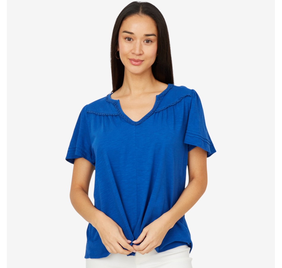 Diane Gilman Garment Dyed Top with Ruched Trim and Flutter Sleeves