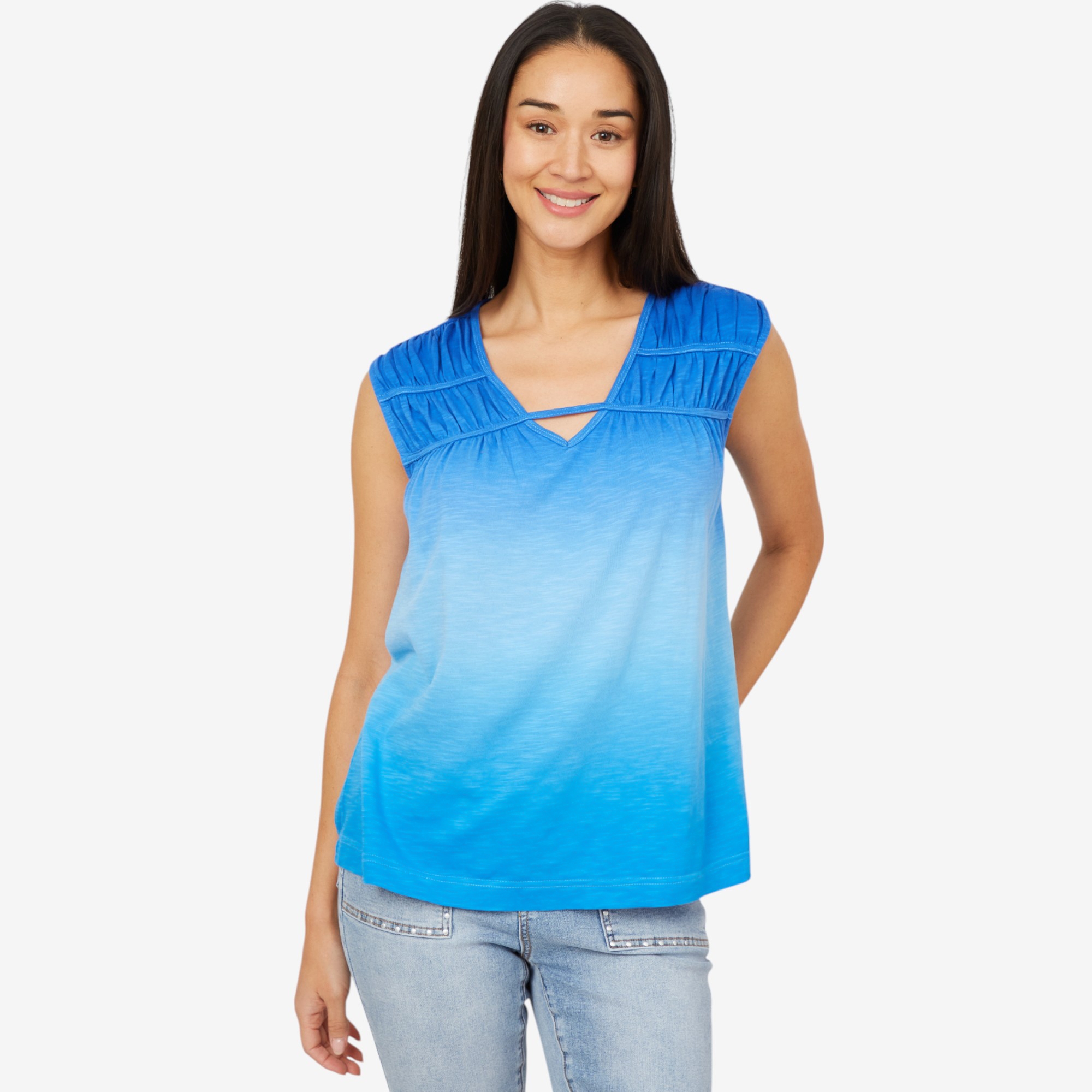 Diane Gilman Ombre Dyed V-Neck Top with Shirred Yoke - TSC.ca