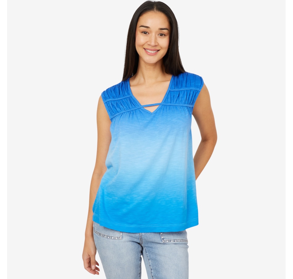 Image 206349_BLMU.jpg, Product 206-349 / Price $29.33, Diane Gilman Ombre Dyed V-Neck Top with Shirred Yoke from DG2 by Diane Gilman on TSC.ca's Fashion department