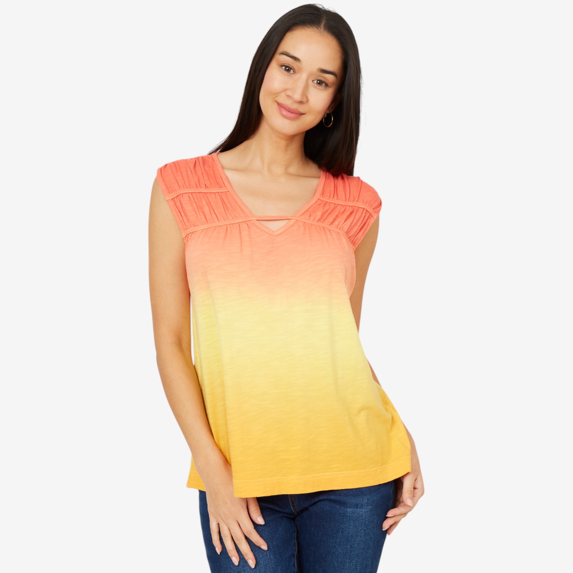 Diane Gilman Ombre Dyed V-Neck Top with Shirred Yoke - TSC.ca