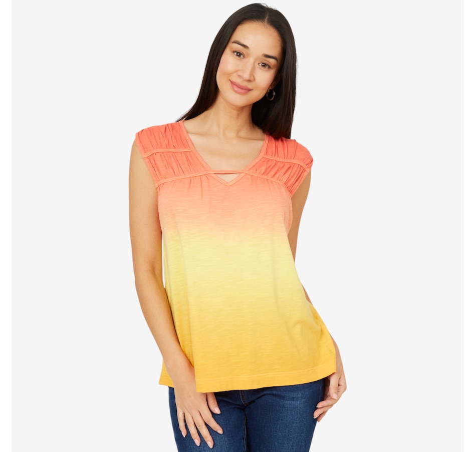 Image 206349_DAIMI.jpg, Product 206-349 / Price $29.33, Diane Gilman Ombre Dyed V-Neck Top with Shirred Yoke from DG2 by Diane Gilman on TSC.ca's Fashion department
