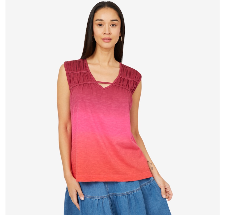 Image 206349_RMU.jpg, Product 206-349 / Price $29.33, Diane Gilman Ombre Dyed V-Neck Top with Shirred Yoke from DG2 by Diane Gilman on TSC.ca's Fashion department