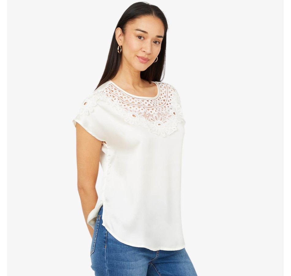 Image 206353_WHT.jpg, Product 206-353 / Price $27.33, Diane Gilman Crochet Lace Yoke Dolman Top from DG2 by Diane Gilman on TSC.ca's Fashion department