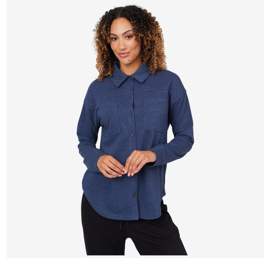 Image 206553_DSBLU.jpg, Product 206-553 / Price $29.88, Cuddl Duds Denim Wash Knit Button Down Shacket from Cuddl Duds on TSC.ca's Fashion department