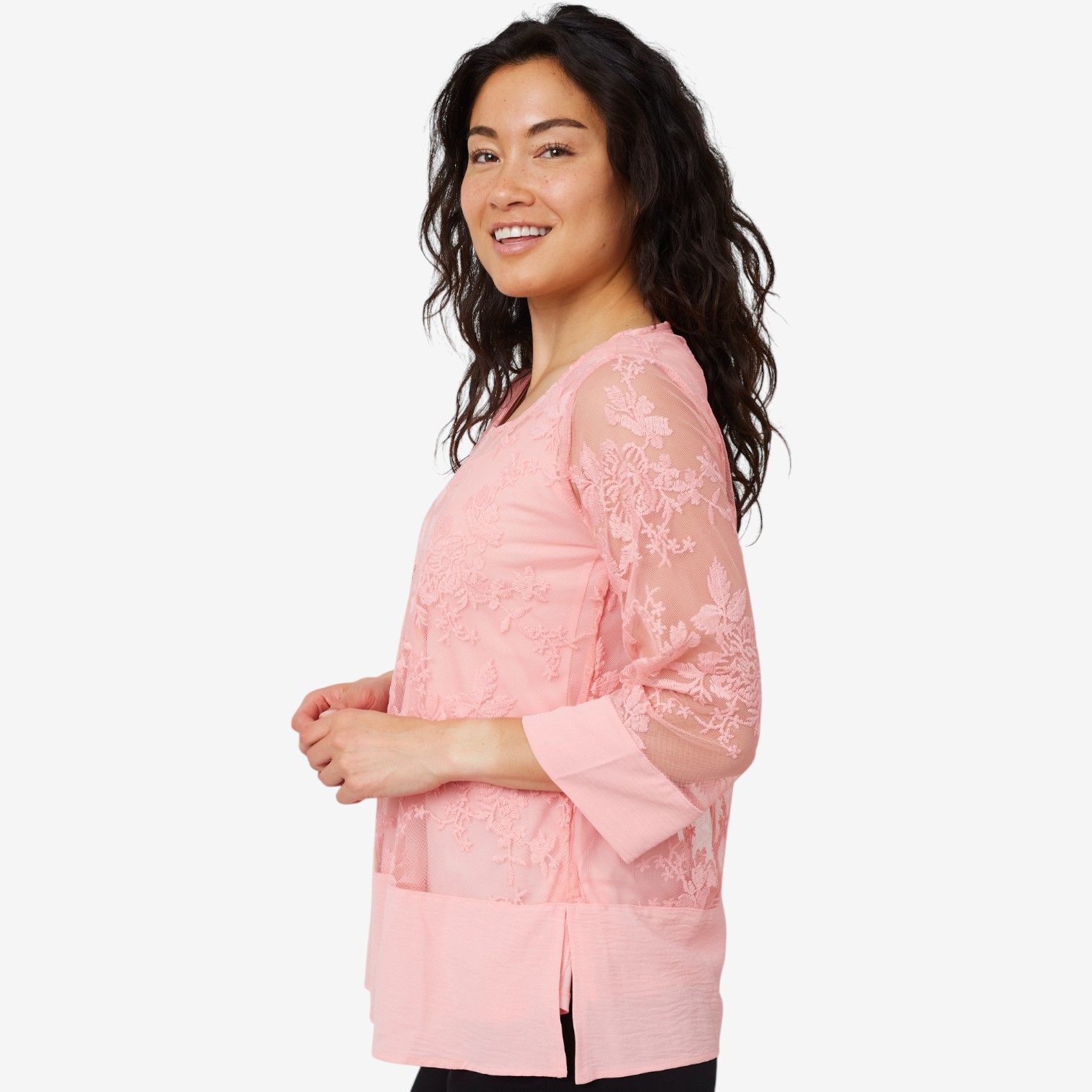 Nina Leonard 3/4 Sleeve Tunic with Embroidery Mesh Body - TSC.ca