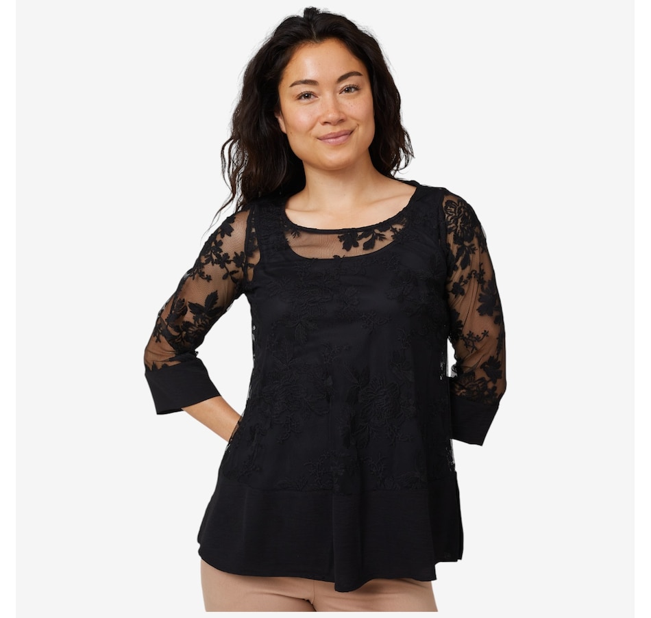 Image 206732_BLK.jpg, Product 206-732 / Price $24.33, Nina Leonard 3/4 Sleeve Tunic with Embroidery Mesh Body from Nina Leonard on TSC.ca's Fashion department
