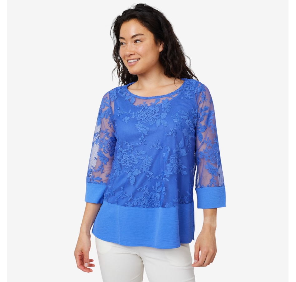 Image 206732_BLUVT.jpg, Product 206-732 / Price $24.33, Nina Leonard 3/4 Sleeve Tunic with Embroidery Mesh Body from Nina Leonard on TSC.ca's Fashion department