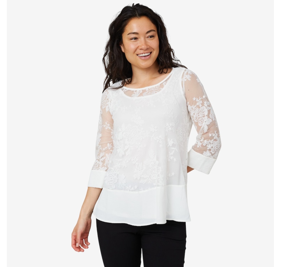 Image 206732_IVR.jpg, Product 206-732 / Price $24.33, Nina Leonard 3/4 Sleeve Tunic with Embroidery Mesh Body from Nina Leonard on TSC.ca's Fashion department