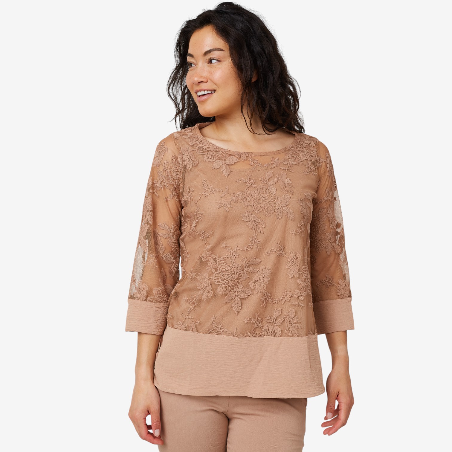Nina Leonard 3/4 Sleeve Tunic with Embroidery Mesh Body - TSC.ca