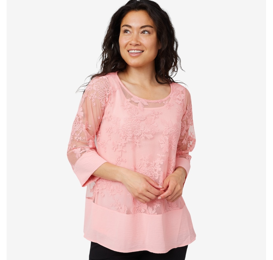 Image 206732_ROPK.jpg, Product 206-732 / Price $24.33, Nina Leonard 3/4 Sleeve Tunic with Embroidery Mesh Body from Nina Leonard on TSC.ca's Fashion department