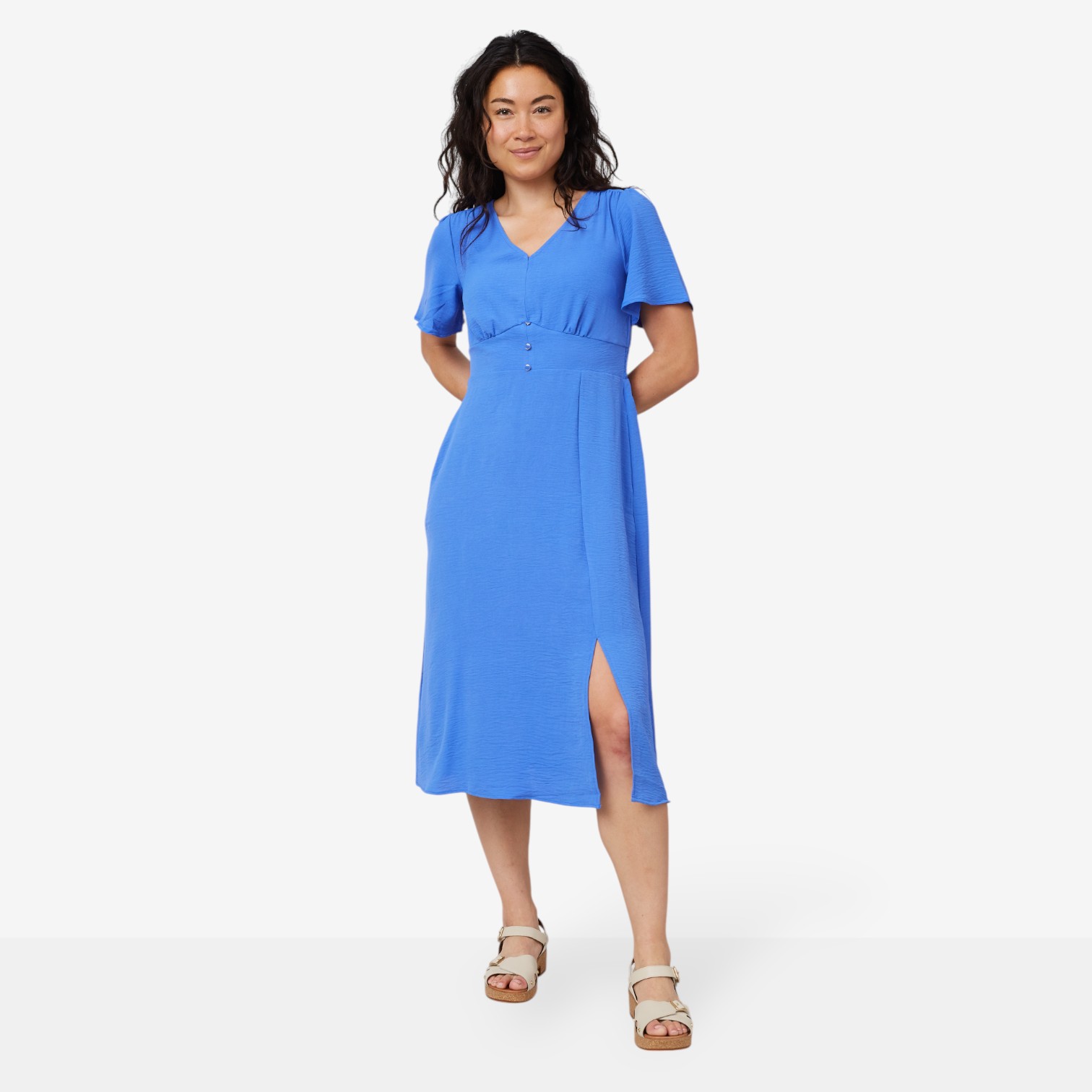 Nina Leonard Flutter Sleeve V-Neck Midi Textured Wave Dress - TSC.ca