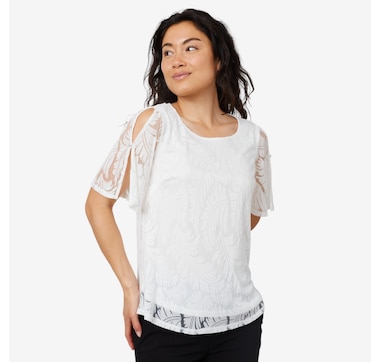 Nina Leonard Jewel Neck Flutter Elbow Sleeve Top