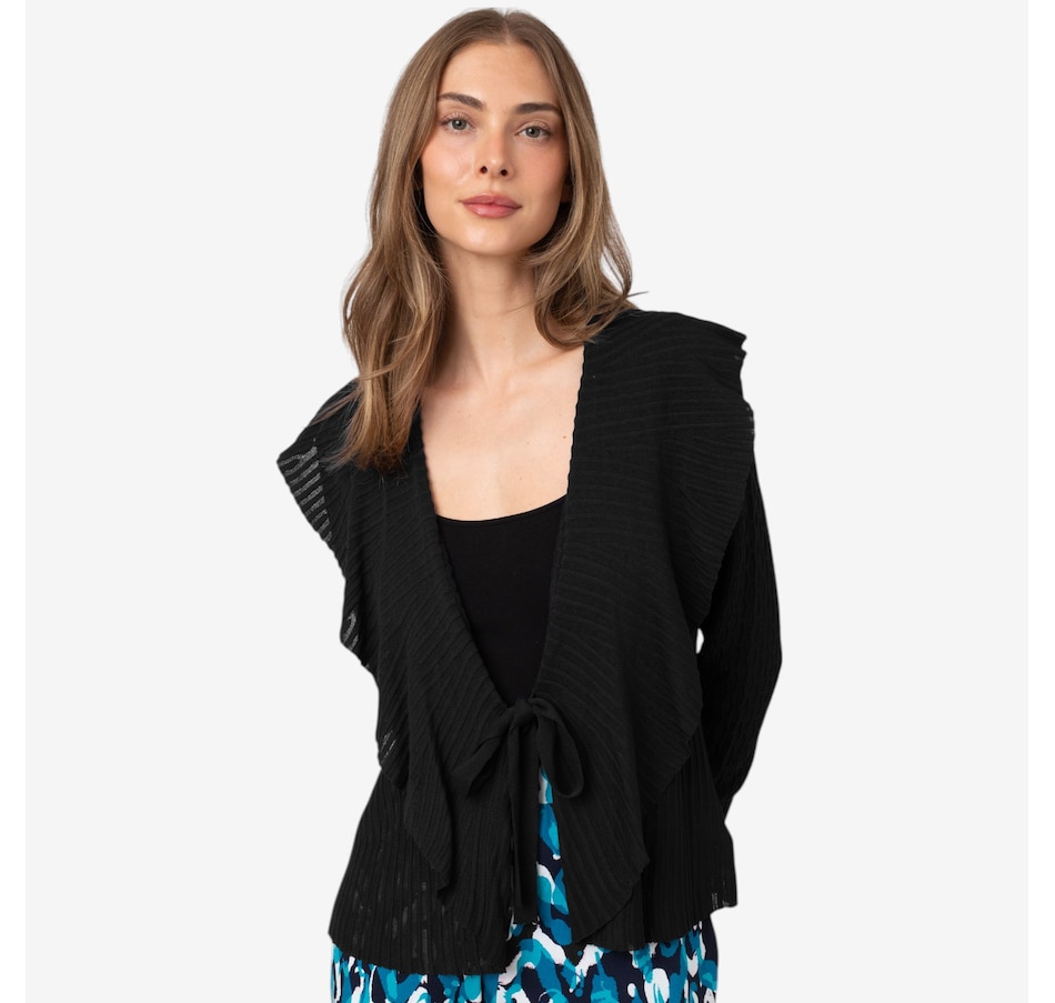 Image 207009_BLK.jpg, Product 207-009 / Price $19.33, Nina Leonard Ruffle Front Knit Cardigan from Nina Leonard on TSC.ca's Fashion department
