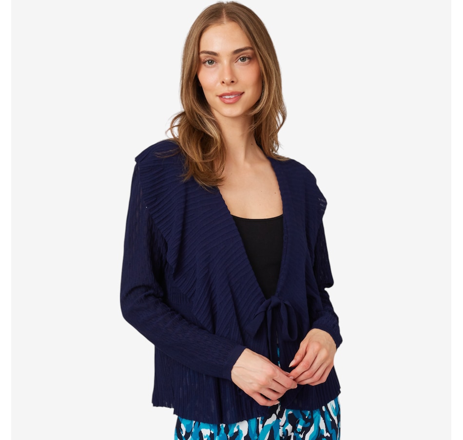 Image 207009_NVY.jpg, Product 207-009 / Price $19.33, Nina Leonard Ruffle Front Knit Cardigan from Nina Leonard on TSC.ca's Fashion department