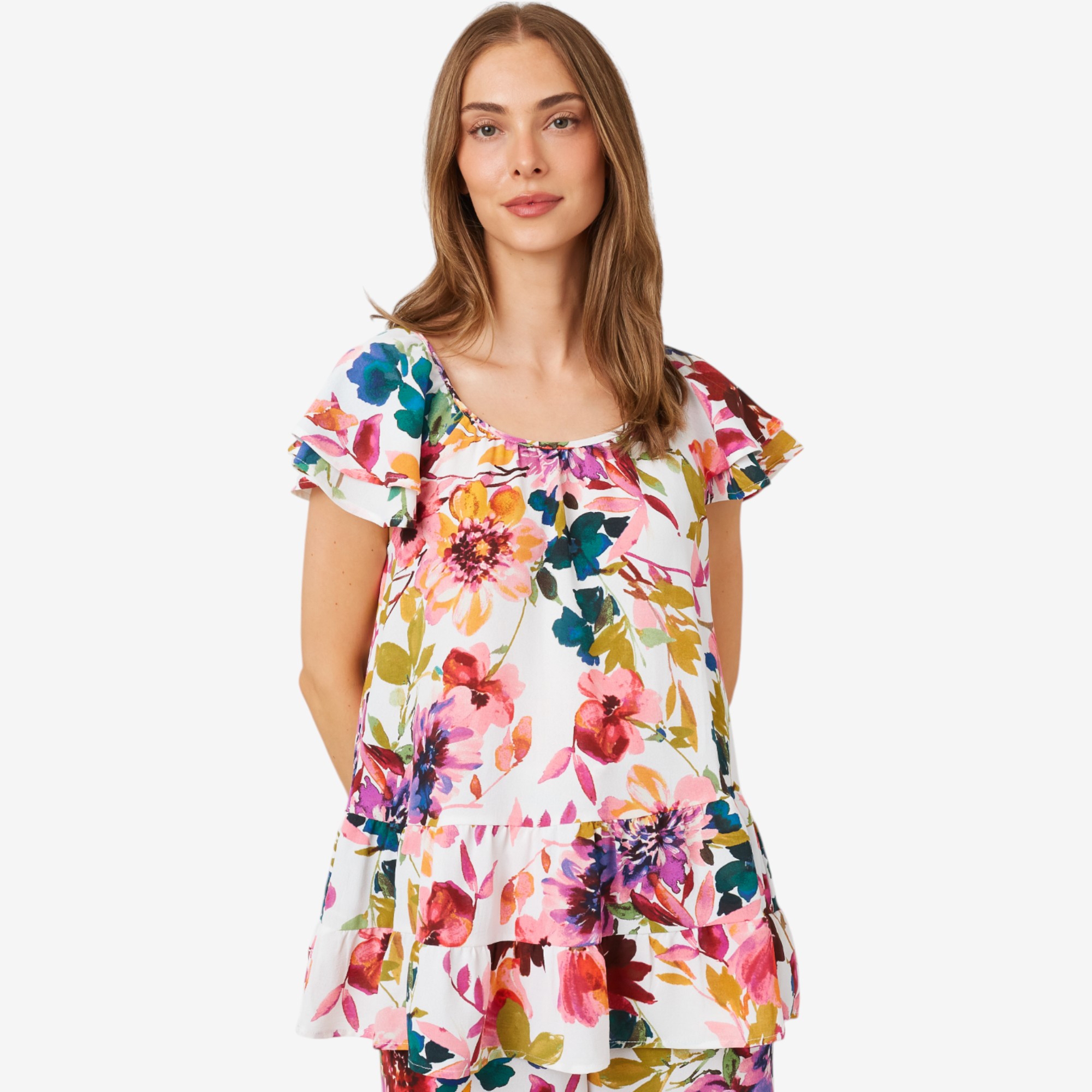 Nina Leonard Textured Wave Flutter Sleeve Tiered Hem Top - TSC.ca
